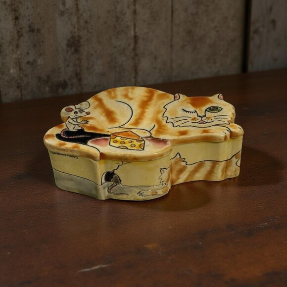 1983 World of Meow Ginger Cat and Mouse Trinket Box With Two Ceramic Mice Figuri - Picture 6 of 11